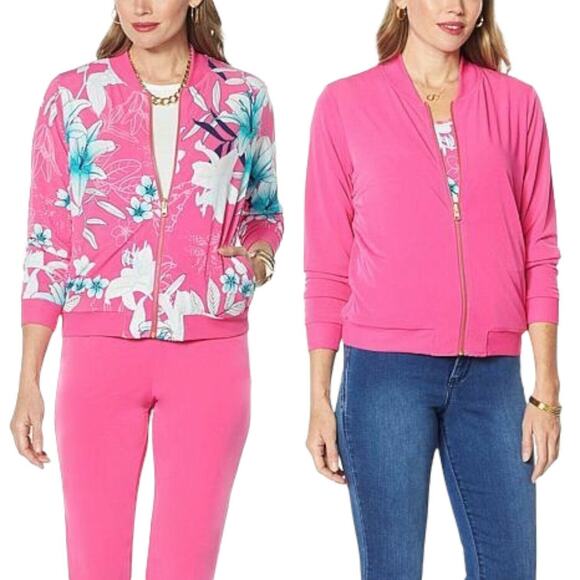 IMAN Global Chic Womens Reversible Jacket Medium Floral Pink Pockets Zipper QVC - Picture 1 of 9